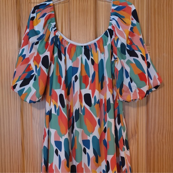 Fore Dresses & Skirts - FORE Abstract Multicolor Square Neck Puff Sleeve Shift Short Dress Size L